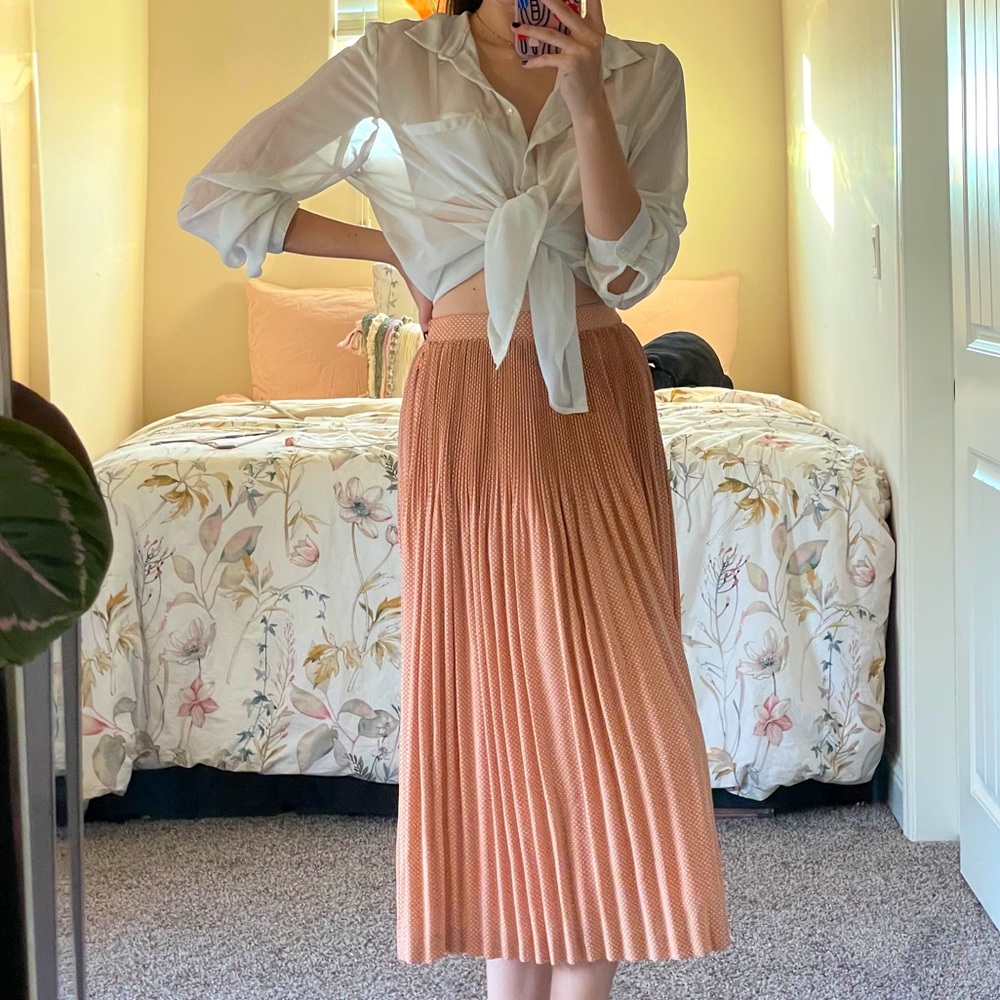 Pleated polka dot tan skirt